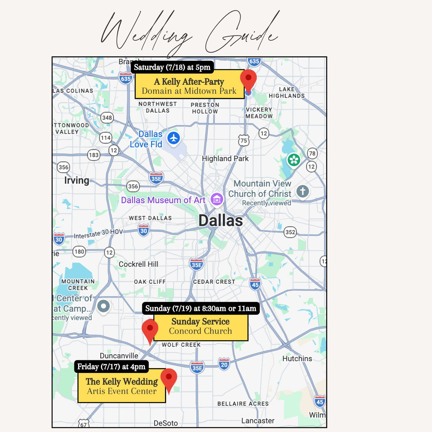 This map is designed to help you find the key locations  for our wedding weekend events. We recommend allowing extra travel time and checking for traffic before heading out.