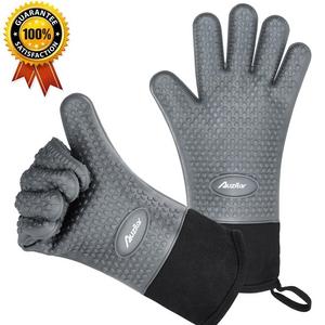 Auzilar - Silicone Oven Mitts Extra-long Heat Resistant Mitts Kitchen Gloves with Internal Cotton Lining for Cooking Pot Holder Grilling BBQ Baking Oven Fireplace Camping Kitchen and so on (Gray)