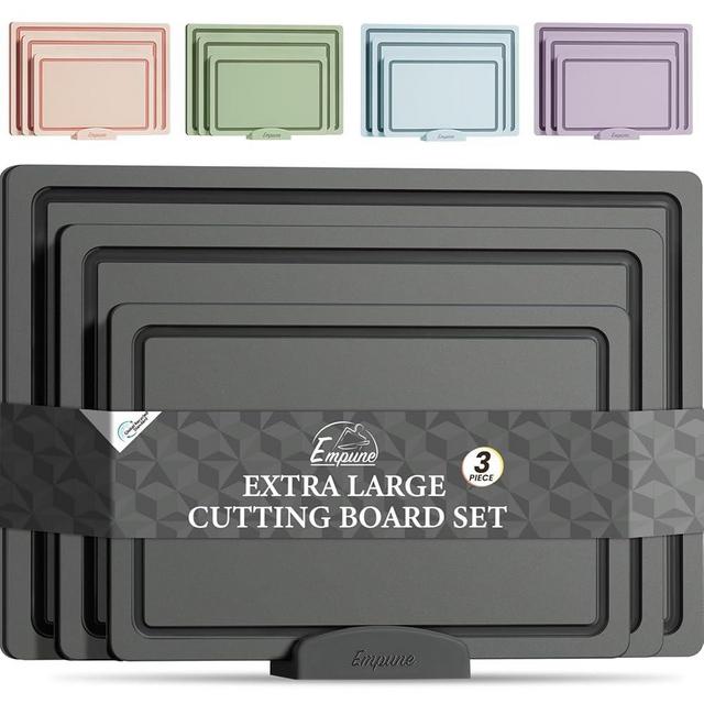 Empune Cutting Board Set, Recycled Plastic Cutting Boards for Kitchen (Set of 3), Dishwasher Safe Large Chopping Board with Holder, Non-slip Feet and Juice Grooves, Nonporous, Grey