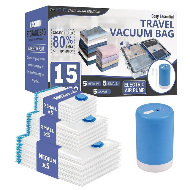 Cozy Essential 15 Pack Travel Vacuum Storage Bags with Portable Electric Pump, Suitase Vacuum Seal Space Saver Bags for Clothing and Luggage Compression