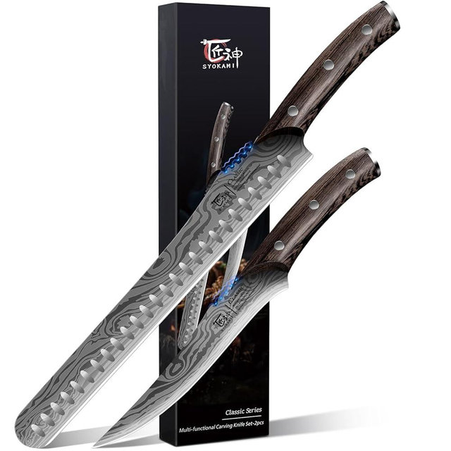 SYOKAMI BBQ Carving Knives Set, Brisket Slicing Knife and Boning Knife for Meat Cutting, Razor Sharp Japanese Style High Carbon Steel Kitchen Knives, Wood Ergonomic Full Tang Handle, Ideal for Gift