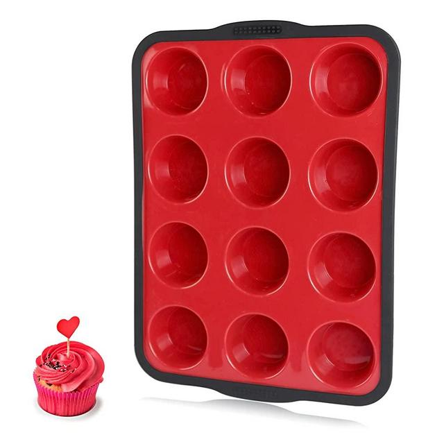 Non-Stick Silicone Muffin Pan With Reinforced Stainless Steel Frame Inside,12 Cup Regular Muffin Baking Mold, 12 Cup Muffin Tin, BPA Free,Dishwasher Safe,Aichoof-Red