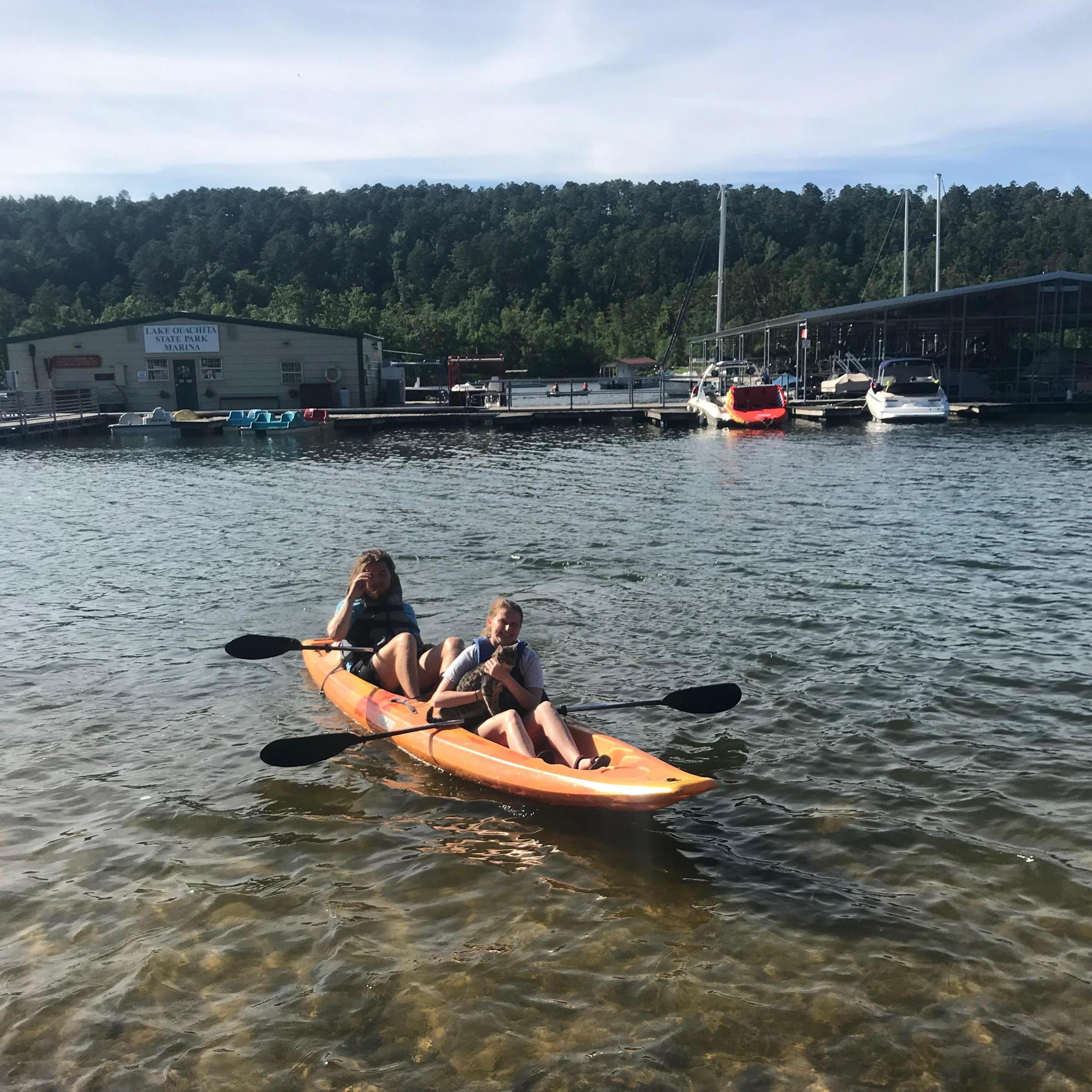 Kayaking in Arkansas with our cat, Pigeon, 2019