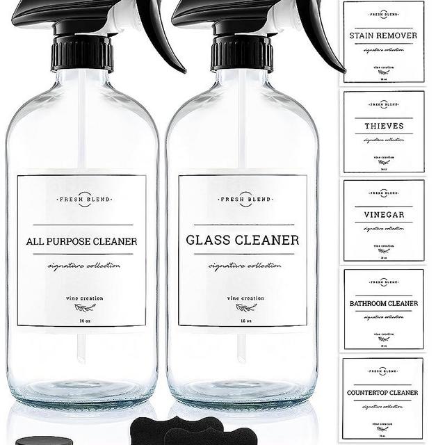 Vine Creations Clear Glass Spray Bottles 2 Pack with Waterproof Labels & Accessories, Thick 16oz Refillable Bottle for Essential Oils, Cleaning Solutions, Adjustable Nozzle with Mist & Stream Option