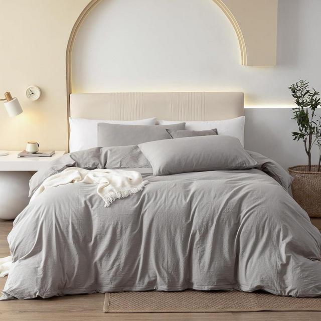 JIYUAN 100% Washed Cotton Duvet Cover Set Comfy Simple Style Soft Breathable Textured Durable Linen Feel Bedding for All Seasons King, Solid Pastel Grey