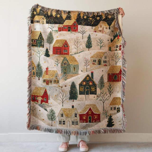 Christmas Woven Blanket, Festive Xmas Village Cotton Throw