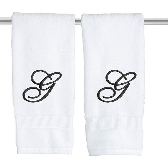 Decorvo White Monogrammed Hand Towels for Bathroom - Luxury Hotel Quality Personalized Initial Embroidered Towel for Powder Room, Spa - GOTS Organic Certified - Set of 2 Black Letter G