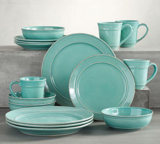 Cambria 16-Piece Dinnerware Set - Stone (Turquoise) with Soup Bowls