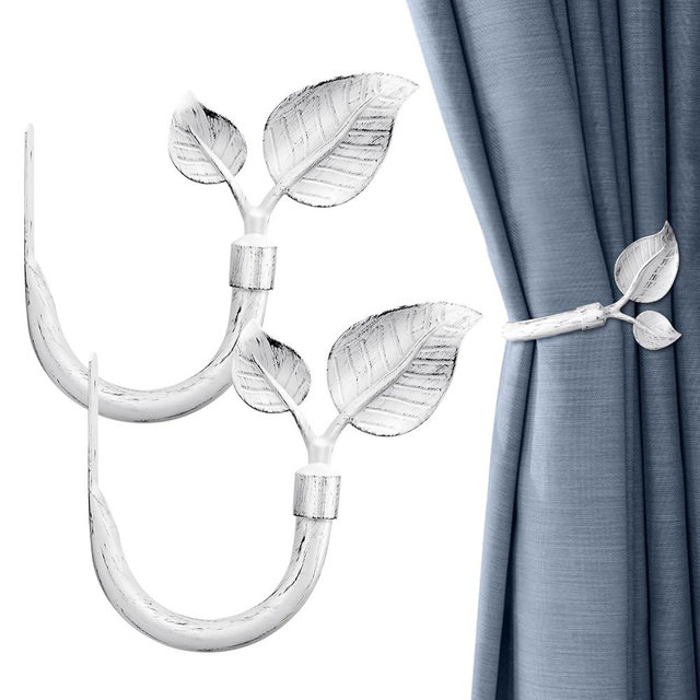 Leaf Shaped Curtain Holdbacks 2pcs, Handmade Metal Curtain Side Holders for Wall, Antique Brass Curtain Tieback Hook Pull Backs for Drapes Window Home Decoration (Vintage White)