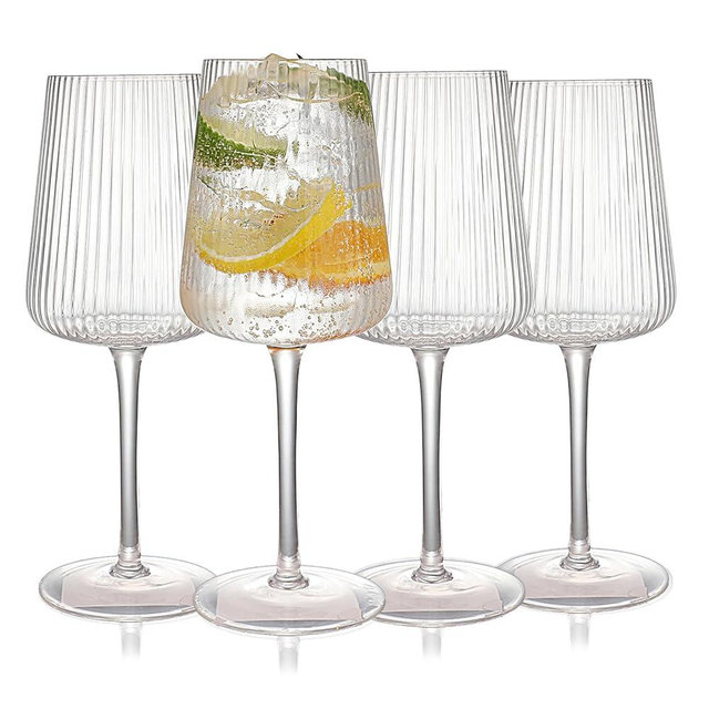 WeirdUncle Hand Blown Ribbed Wine Glasses with stem, Clear, Lead-Free Crystal Glasses, Luxury Gift, Set of 4, Unique, 18oz Premium Wine Goblet, Large capacity, Fluted Design