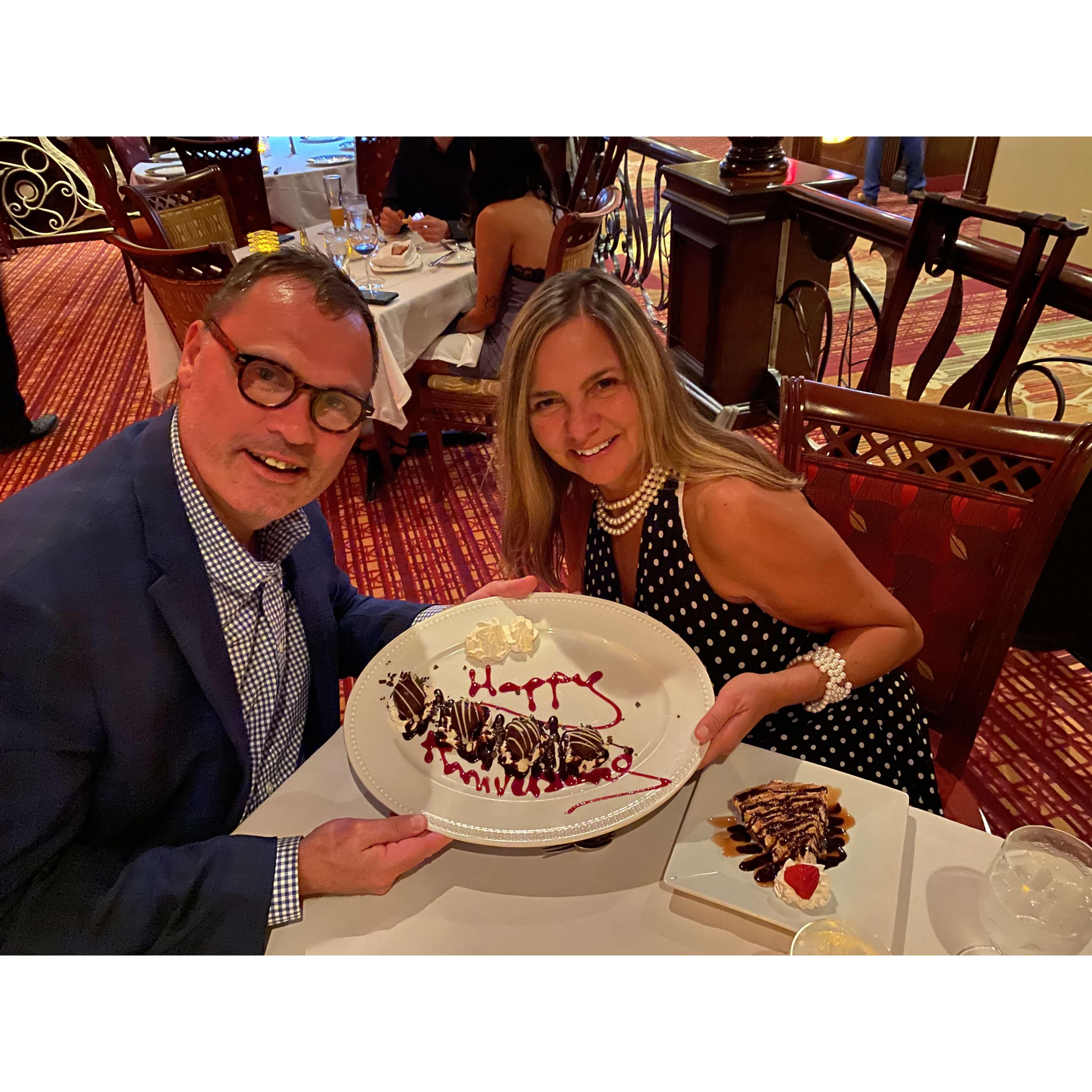 Dinner with Mark and Carol at Russell's.  Mark told them it was a celebration of an engagement.  Notice "Happy Anniversary". Sandy observed, they probably thought we are too old to get engaged :0)