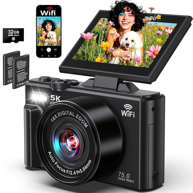 Digital Camera - 5K WiFi Digital Cameras for Photography - 75MP UHD Autofocus Vlogging Camera for YouTube - Compact Video Cameras Travel Camara with 3" 180° Flip Screen, 18X Zoom, 32GB Card, Batteries