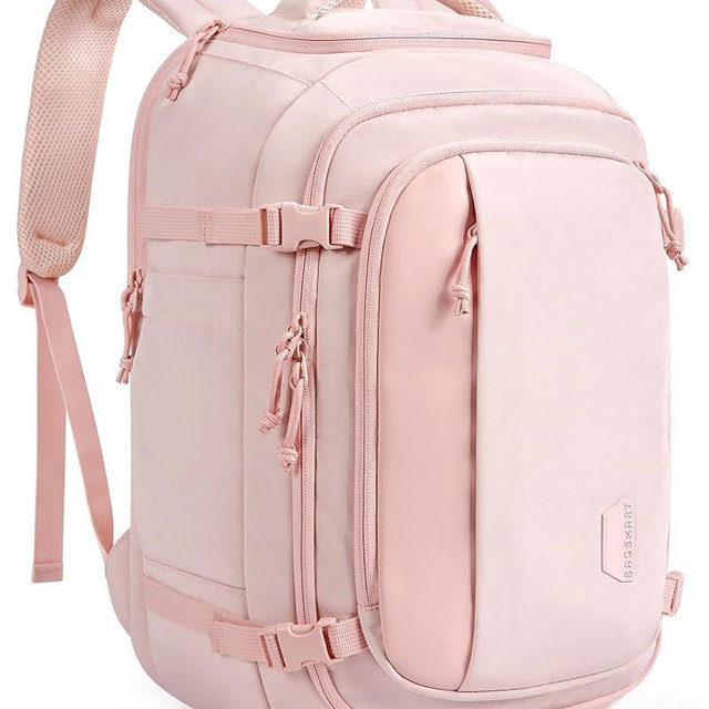 BAGSMART Travel Backpack Carry on Flight Approved, 28L Lightweight Backpack Fits 17.3 Inch Laptop for Men Women, Water Resistant Personal Item Travel Bag with USB Charging Port, Pink
