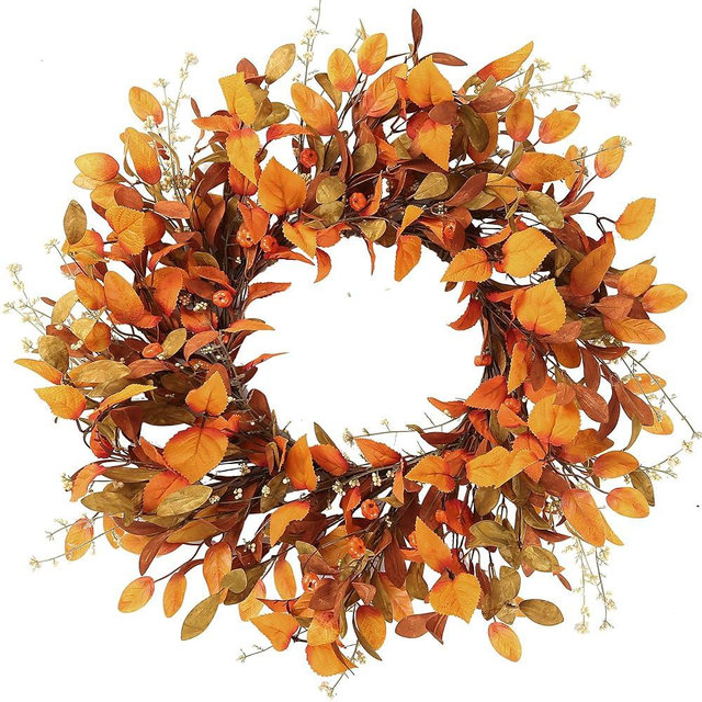 Sggvecsy Artificial Fall Wreath 21’’ Autumn Front Door Wreath with Fall Leaves Small Pumpkins Cluster of Berries for Outside Indoor Wall Window Festival Thanksgiving Fall Harvest Autumn Decor