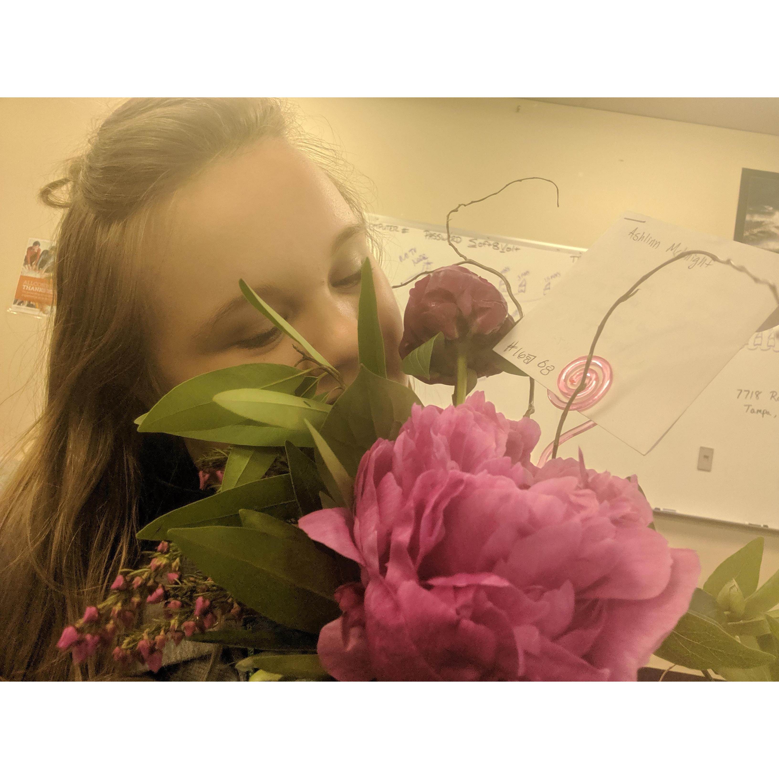 This was the first week we started dating. We weren't even official yet and he sent me flowers to my work. He has a habit of picking a bouquet up anytime he thinks the last ones might be dying