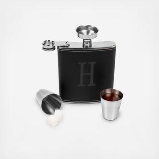 4-Piece Personalized Black Leather Flask Set