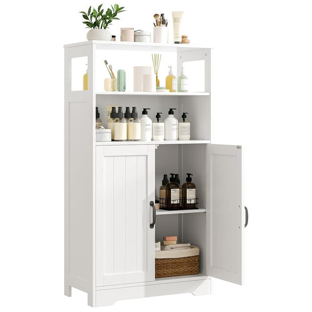 GRUSIGN 43.3" H Bathroom Storage Cabinet with Doors, Freestanding Small Bathroom Cabinet Organizer, Farmhouse Cupboard, Adjustable Shelves, for Laundry Room, Kitchen, Living Room, White