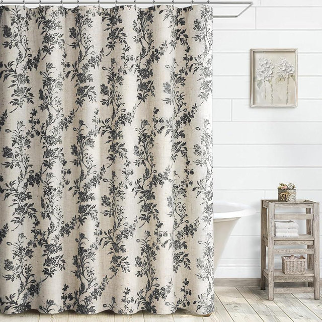 XOGUIBO Black Floral Shower Curtain,Vintage Linen Beige Cottagecore Shower Curtains for Bathroom, 72" W x 72" L