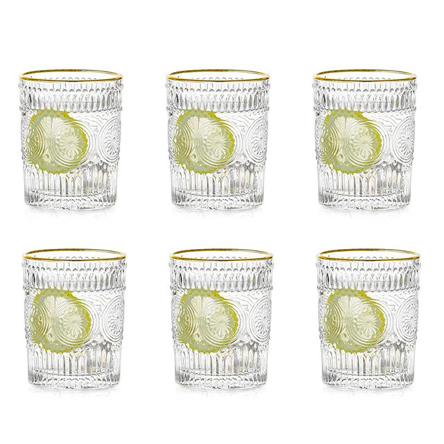 Cup Sets for Kitchen Vintage 10OZ, Embossed Drinking Glasses Set of 6, Phnom Penh Glassware Set Thickened for Kitchen, Bar, Juice, Beverages, Beer, Cocktail