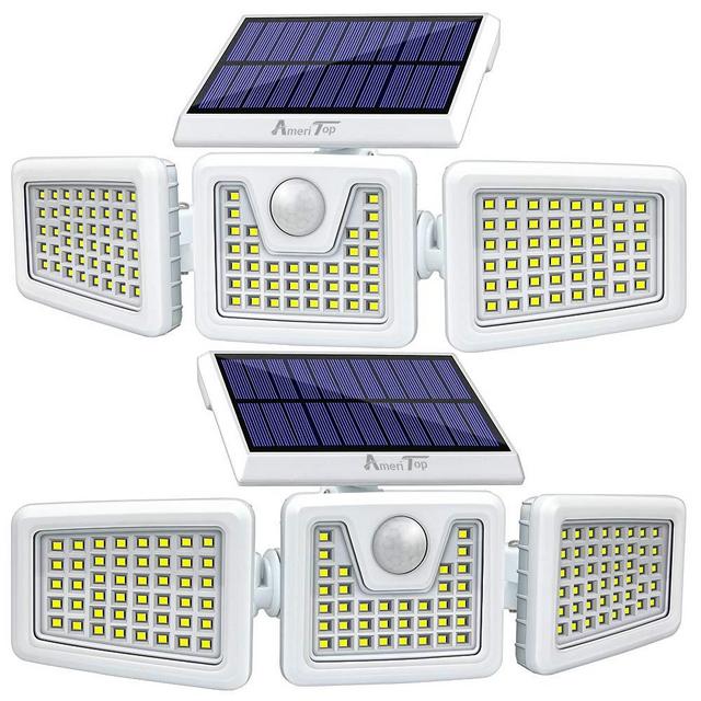 Solar Lights Outdoor -2 Pack, AmeriTop 800LM Wireless 128 LED Solar Motion Sensor Lights Outdoor; 3 Adjustable Heads, 270° Wide Angle Illumination, IP65 Waterproof, Security LED Flood Light - White