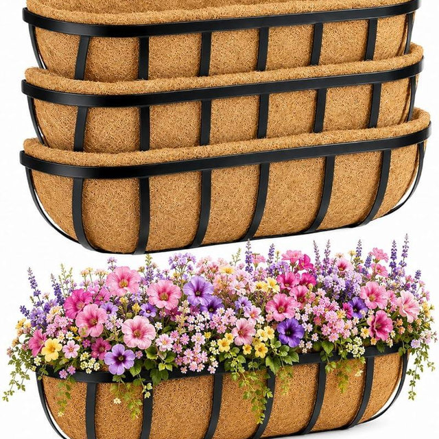 Y&M 24 Inch Railing Planter Boxes 4 Pack, 2-in-1 Window Box Planters with Coco Liners and Adjustable Hanging Brackets, Heavy Duty Metal Deck Planters for Balcony, Patio, Porch and Garden