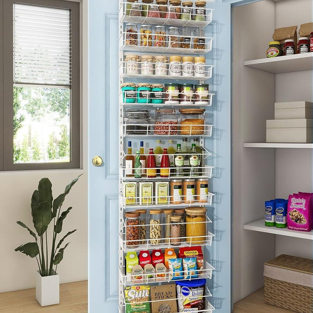 Mefirt White 10-Tier Over The Door Pantry Organizer, Pantry Organization and Storage, Metal Hanging Adjustable Basket, Wall Spice Rack Seasoning Shelves, Home & Kitchen Essentials