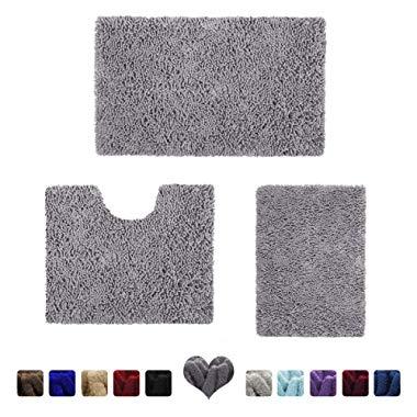 HOMEIDEAS 3 Pieces Bathroom Rugs Set Grey, Luxury Soft Chenille Bath Mats Set, Absorbent Shaggy Bath Rugs & Slip Resistant Plush Bath Mats for Tub, Shower, Bathroom