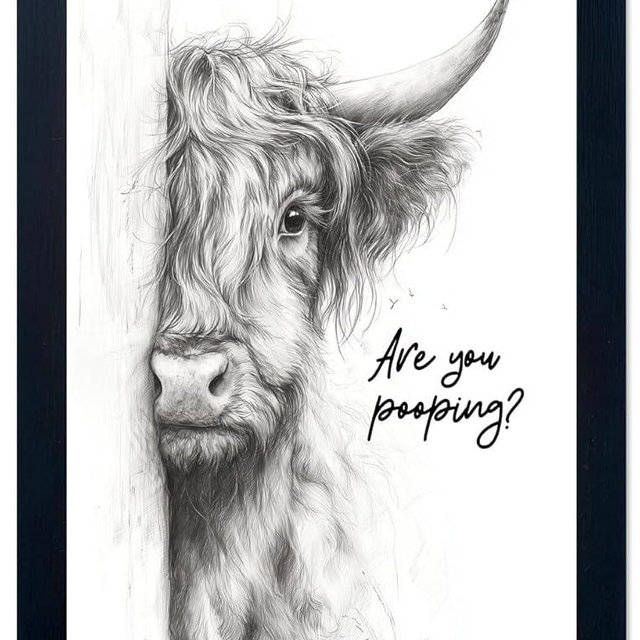Gongyuanyihao Arts Funny Highland Cow Bathroom Wall Art with Black Frame, Are You Pooping Sign for Farmhouse Restroom Decor, Rustic Humorous Canvas Print Painting Ready to Hang 8"x10"