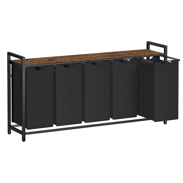 VASAGLE Laundry Hamper, Laundry Basket, Laundry Sorter with 5 Pull-Out and Removable Bags, Shelf, Metal Frame, 5 x 10.6 Gallons (40 L), 56.5 x 13 x 28.4 Inches, Ink Black and Rustic Brown UBLH501B01