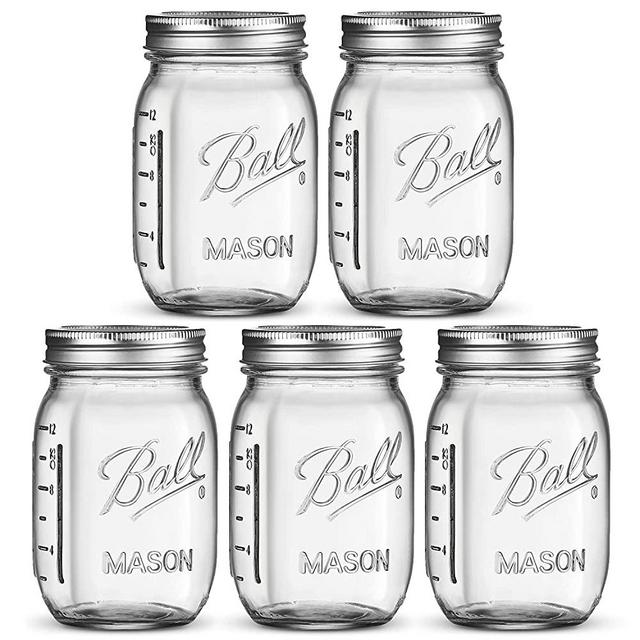 Ball Regular Mouth Mason Jars 16 oz [5 Pack] With mason jar lids and Bands, Ball mason jars 16 oz - For Canning, Fermenting, Pickling, Jar Decor - Microwave/Freeze/Dishwasher Safe + SEWANTA Jar Opener