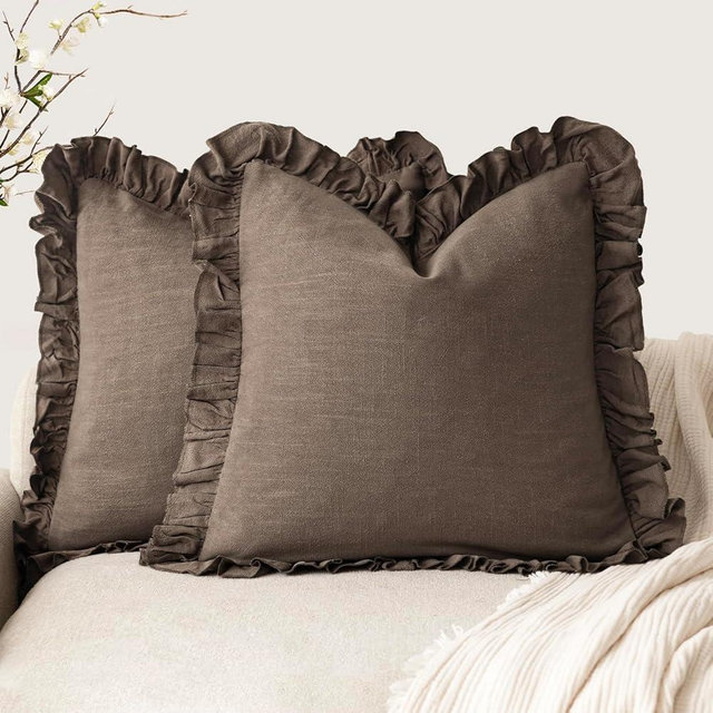 Foindtower Set of 2 Decorative Soild Fringe Ruffle Throw Pillow Covers Soft Boho Farmhouse Cushion Cover Cozy Accent Retro Pillowcase for Couch Sofa Bed Living Room Home Decor,18×18 Inch,Dark Brown