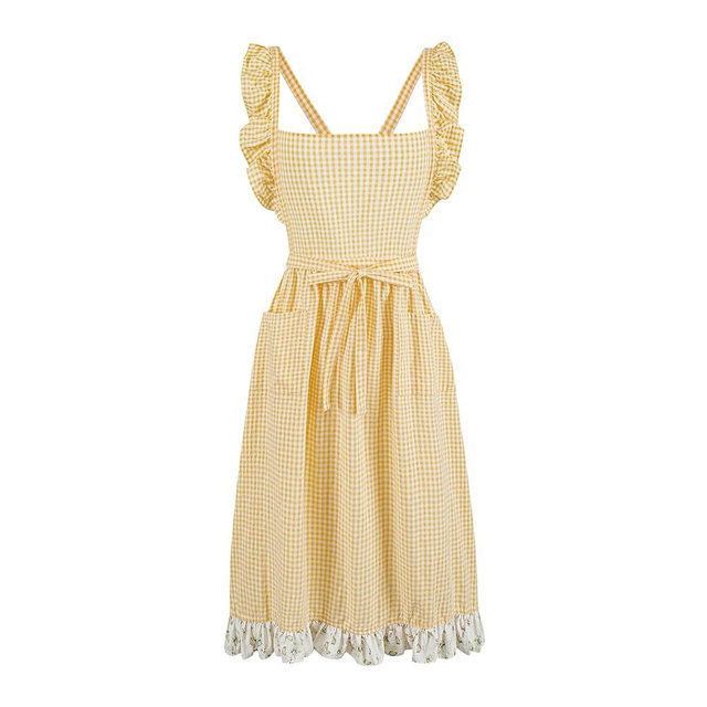SeedBySea Vintage Gingham Apron Dress for Women, Pinafore with Ruffle Straps & 2 Pockets, Soft Cotton Apron for Cooking