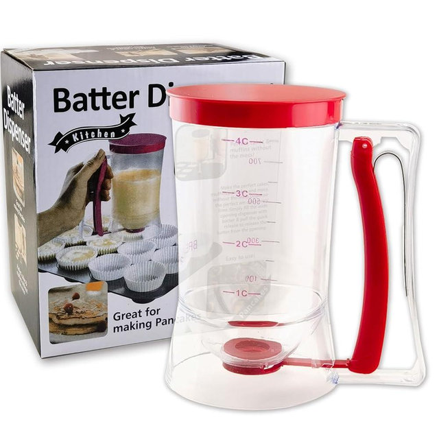 Pancake Batter Dispenser - Cookie Separator Tool for Pancakes, Cupcake, Waffle, Muffin Mix, Cake & Crepe with Squeeze Handle, Easy Pour Baking Supplies for Griddle with Measuring Label, Red