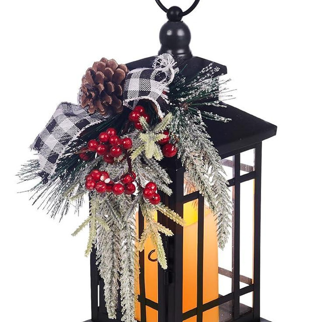HMASYO Christmas Decorative Candle Lanterns, 14 Inch LED Flickering Flameless Candle Lanterns with Xmas Ornaments, Vintage Hanging Lantern for Table Fireplace Holiday Party Indoor Outdoor Decor