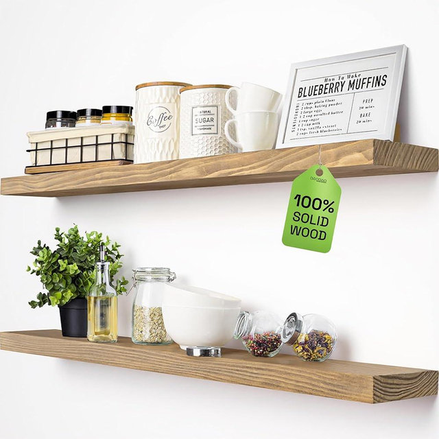 BAOBAB WORKSHOP Natural Wood Floating Shelves for Wall 36 Inches Long, Heavy Duty Wall Shelf for Bedroom, Solid Wooden Bathroom Shelf Large Kitchen Farmhouse, Oak Floating Shelf, 36W × 6.7D, Set of 2