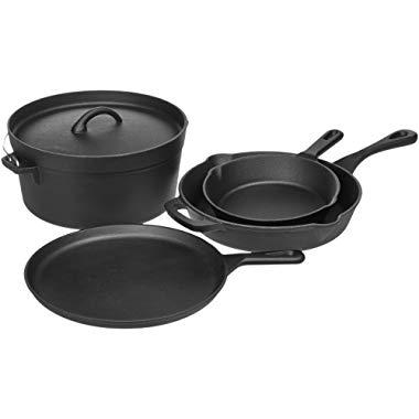 AmazonBasics Pre-Seasoned Cast Iron 5-Piece Kitchen Cookware Set, Pots and Pans