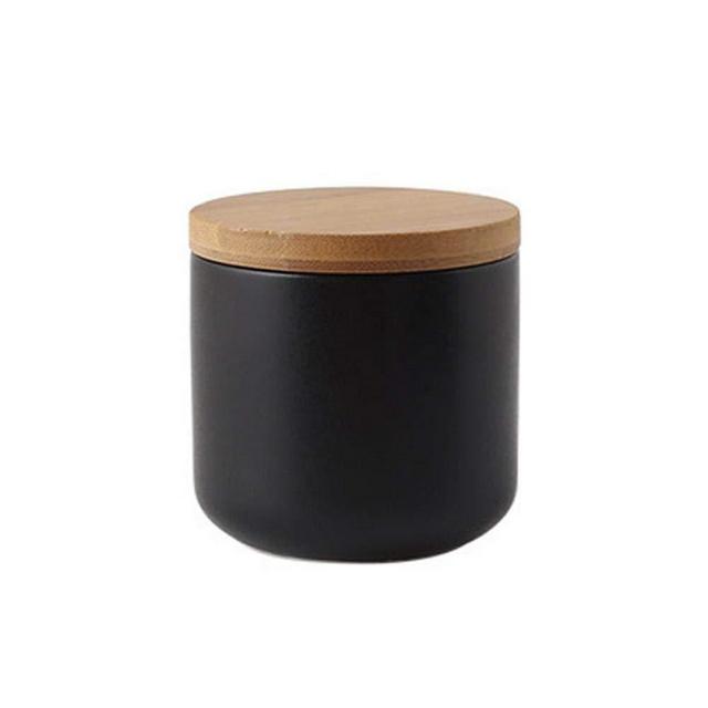 YYW Ceramic Food Storage Jar Canister with Airtight Wooden Lid, Modern Design Food Canisters Loose Tea Coffee Sugar Spice Nuts Snacks Seasonings Storage Jar Caddy (Black 9.15oz/260ml)