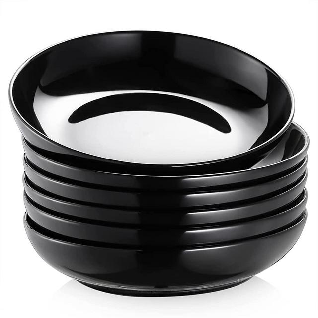 Y YHY Pasta Bowls 30oz, Large Salad Serving Bowls, Shallow Soup Bowls, Porcelain Pasta Bowls Set of 6, Microwave Dishwasher Safe, Black