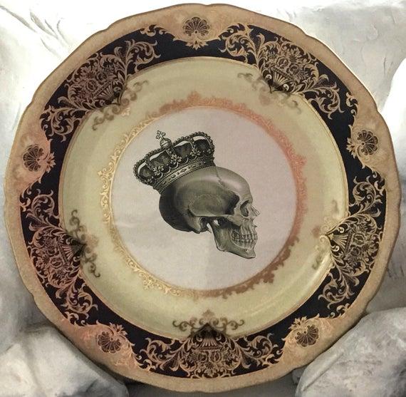 Black & Gold Vintage Skull Dinner Plate, 10.5", Foodsafe and Durable, Customizable
