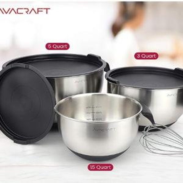 Stainless Steel Mixing Bowls with Lids, non slip silicone base bowls with Handle, Mixing Bowl Set with Pour Spouts & Measurement Marks, (Black)