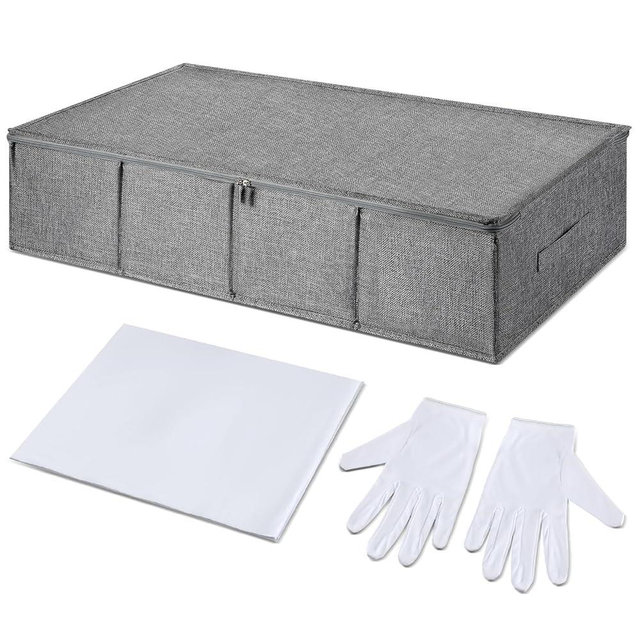 Glenmal Wedding Dress Preservation Box Kit Dress Storage Box with 1 Microfiber Gloves and 100 Sheets Acid Free Tissue Paper for Storage Wedding Clothing Gown(30 x 15.7 x 7 Inch,Gray, White)