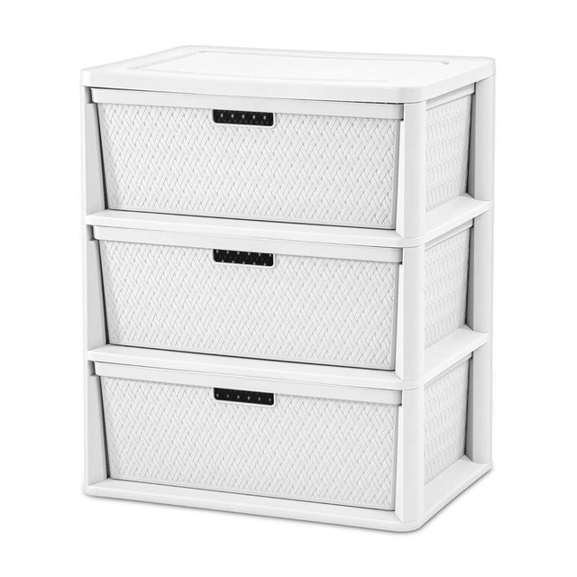 Wide 3-Drawer Plastic Storage Tower, Cross-Weave Decorative Organizer Chest with Removable Bins and Easy-Pull Handles for Closet, Bedroom, Dorm, and Office, White