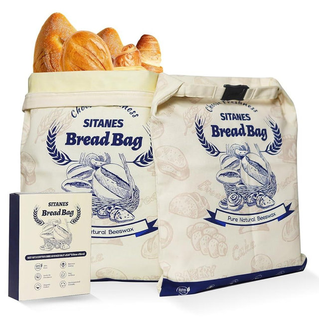 SITANES Reusable Beeswax Bread Bags (2-Pack) – 16.5×12.6 Inches, Natural Cotton Bread Bags with Zipper Closure, 10L Large Capacity & Portable Design, Fridge-Safe, for Sourdough & Homemade Food