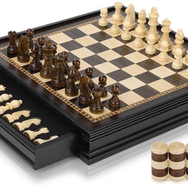 Peradix Magnetic Chess Checkers Board Sets with 2 Built-in Storage Drawers,12.8" Classic 2 in 1 Wooden Games with 2 Extra Queens for Kids and Adults,Travel Portable Chess Game Set