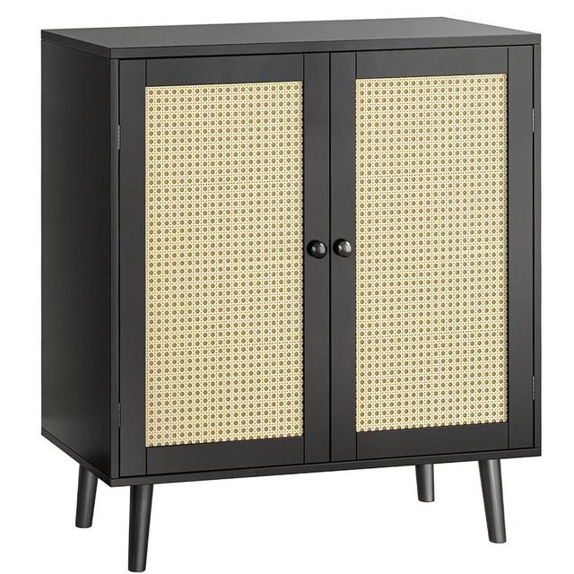 Huuger Buffet Cabinet with Storage, Storage Cabinet with Synthetic Rattan Decor Doors, Accent Cabinet with Solid Wood Feet, Sideboard Cabinet for Hallway, Entry, Living Room, Black
