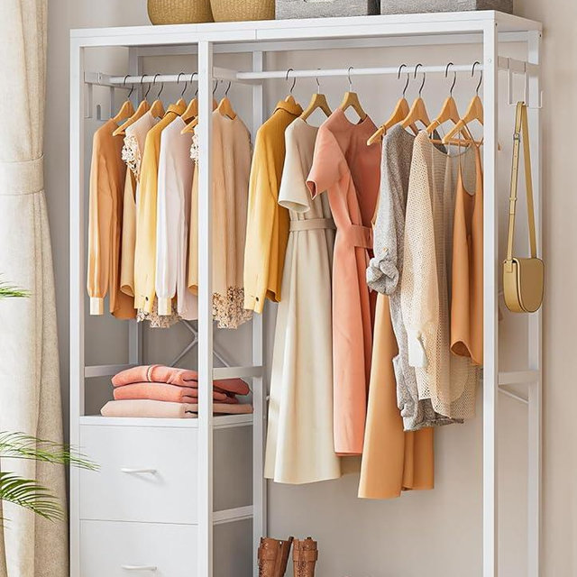 Lulive Clothes Rack, Heavy Duty Garment Rack for Hanging Clothes, Industrial Clothing Racks with Shelves, 2 Fabric Drawers, 4 Hooks, 2 Hanging Rods, Freestanding Closet Organizer (Modern)