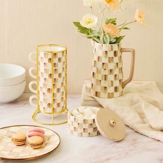 Mocha Check Stoneware Coffee Cups with Tower
