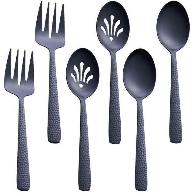 FULLYWARE Matte Black Serving Utensil Set, 9.5-inch Stainless Steel Large Serving Spoon and Serving Fork, Satin Finish