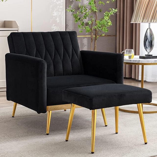 Paddie Modern Velvet Single Sofa Chair with Ottoman, Accent Living Room Chairs with Adjustable Armrests, Upholstered Tufted Lounge Chair for Home, Bedroom, Office (Black), 25D x 30.32W x 29.35H in