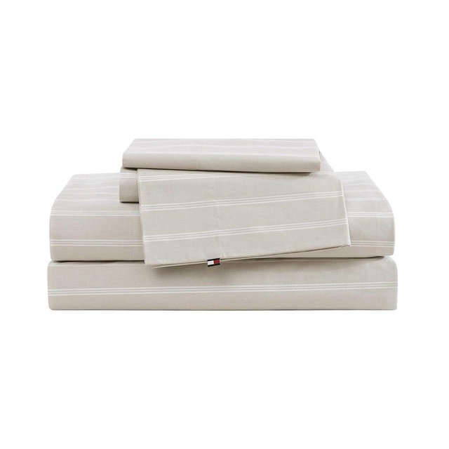 Tommy Hilfiger - King Bed Sheets, Crisp & Cool Cotton Percale Bedding with Matching Pillowcases, Lightweight Bed Set, Oeko-Tex Certified (Effortless Stripe Beige)